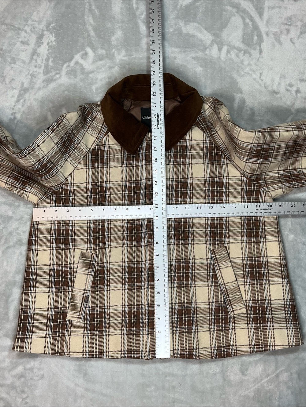 Christian Lacroix Plaid Cropped Jacket Brown Cream Velvet Collar Women Size 6 - Picture 3 of 16